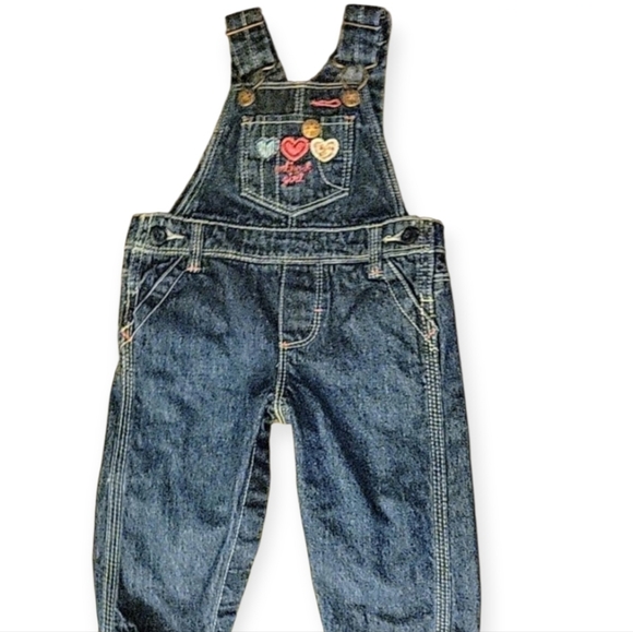 OshKosh B’gosh Girl Embroidery Denium Blue Overalls Hearts Country Farm 6 Months - Picture 2 of 13